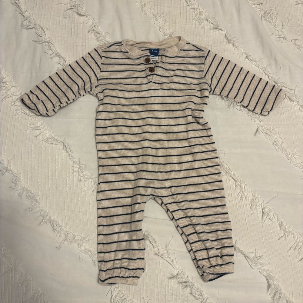 Old Navy Striped Long-Sleeve One-Piece Romper in Cream and Navy - Baby